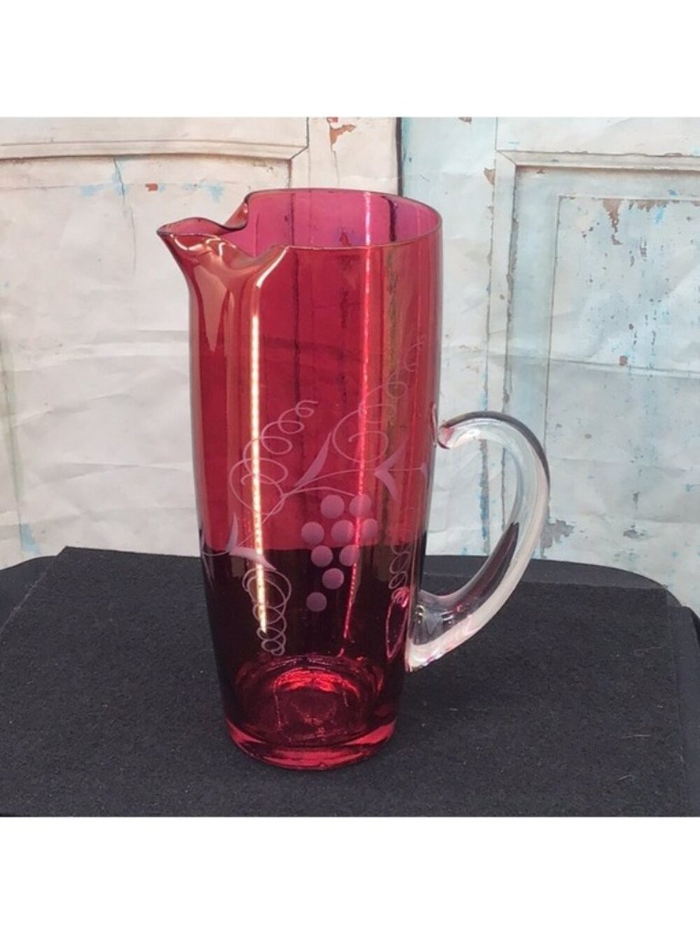 MCM VTG Red Glass Pitcher Clear Handle Etched Grape Vine Design Water Cocktails